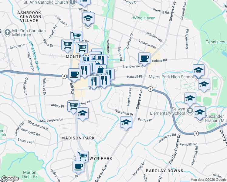 map of restaurants, bars, coffee shops, grocery stores, and more near 435 Wakefield Drive in Charlotte