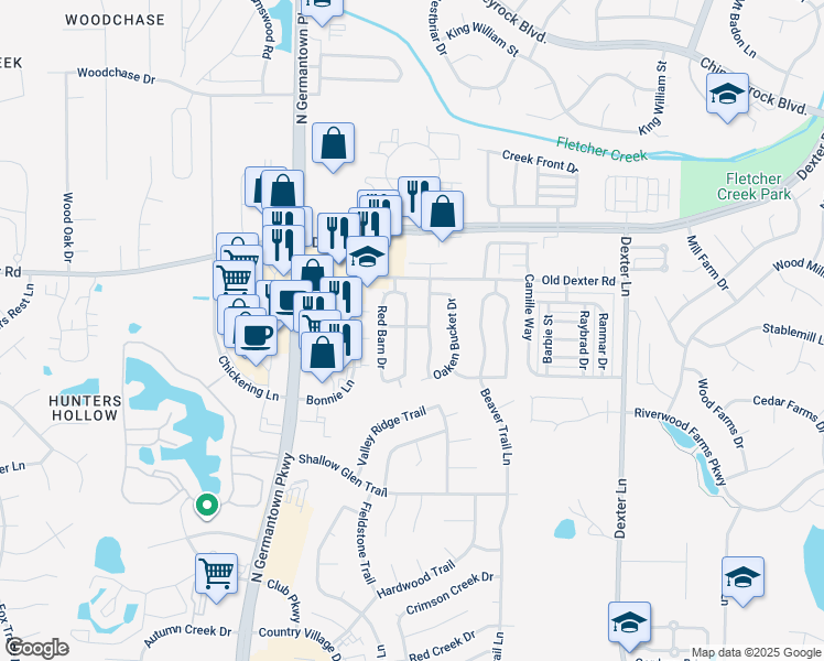 map of restaurants, bars, coffee shops, grocery stores, and more near 1654 Smokehouse Drive in Memphis