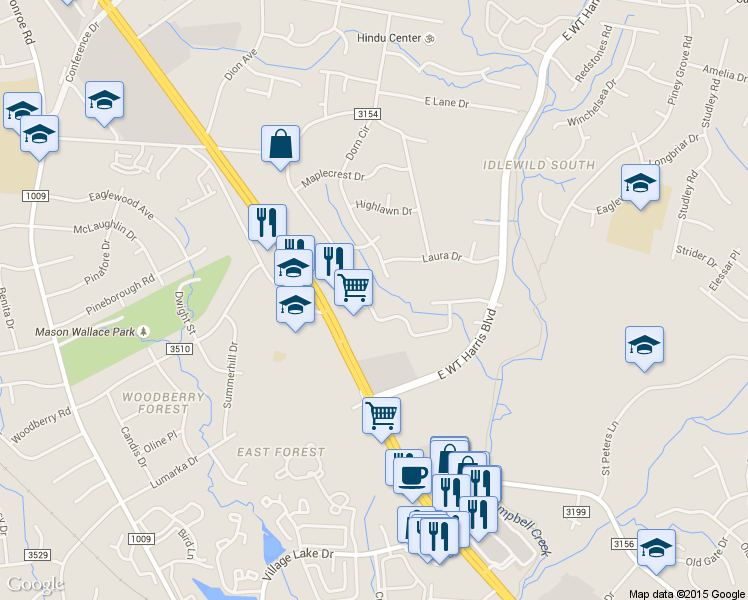 map of restaurants, bars, coffee shops, grocery stores, and more near 7711 Briardale Drive in Charlotte