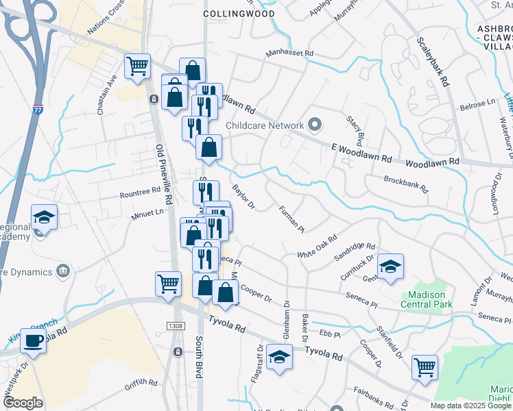 map of restaurants, bars, coffee shops, grocery stores, and more near 5039 Baylor Drive in Charlotte