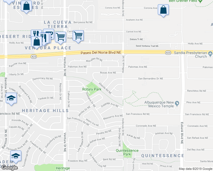 map of restaurants, bars, coffee shops, grocery stores, and more near 9605 San Bernardino Avenue Northeast in Albuquerque