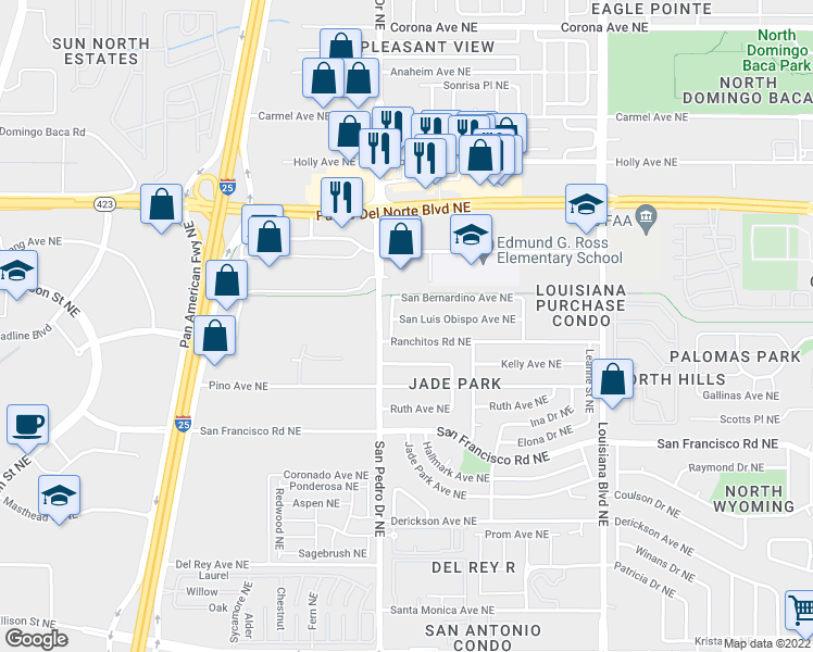 map of restaurants, bars, coffee shops, grocery stores, and more near 6604 San Luis Obispo Avenue Northeast in Albuquerque