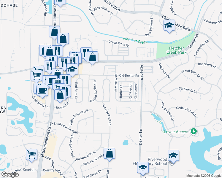 map of restaurants, bars, coffee shops, grocery stores, and more near 1660 Camille Way in Memphis