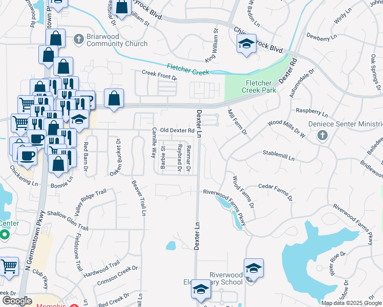 map of restaurants, bars, coffee shops, grocery stores, and more near 1658 Ranmar Drive in Memphis