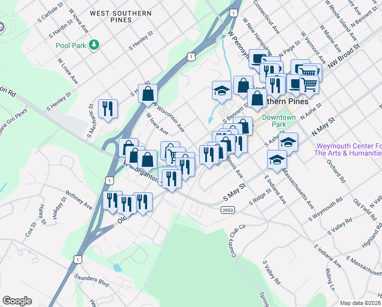 map of restaurants, bars, coffee shops, grocery stores, and more near 655 South Bennett Street in Southern Pines