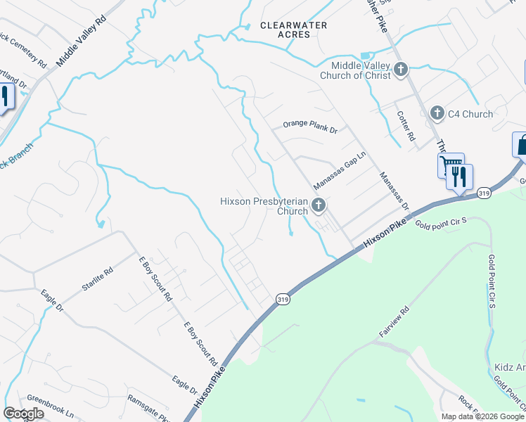 map of restaurants, bars, coffee shops, grocery stores, and more near 7023 Hixson Pike in Middle Valley