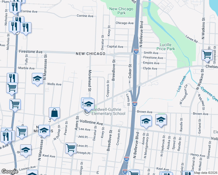 map of restaurants, bars, coffee shops, grocery stores, and more near 1120 Coppock Street in Memphis