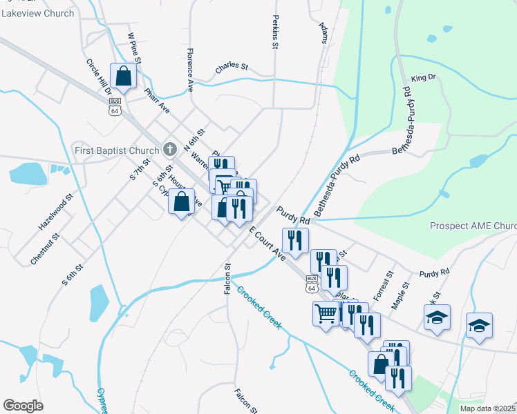 map of restaurants, bars, coffee shops, grocery stores, and more near 113 North 2nd Street in Selmer