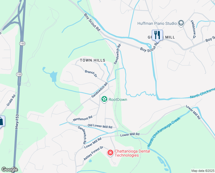 map of restaurants, bars, coffee shops, grocery stores, and more near 418 Candytuft Lane in Chattanooga