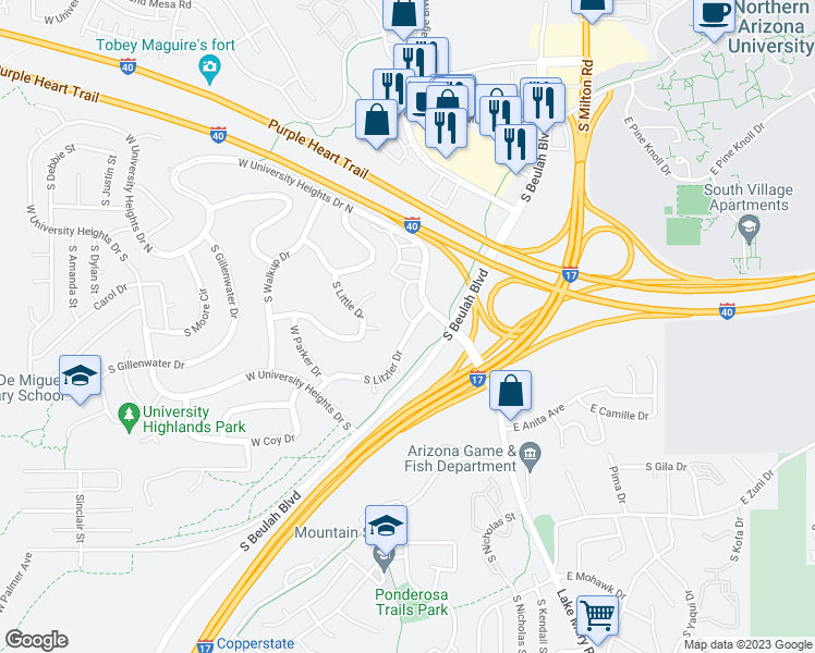 map of restaurants, bars, coffee shops, grocery stores, and more near 3254 Hunter Place in Flagstaff