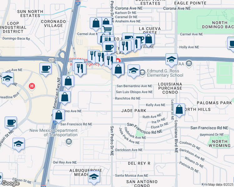 map of restaurants, bars, coffee shops, grocery stores, and more near 6604 San Luis Obispo Avenue Northeast in Albuquerque