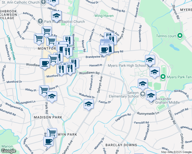 map of restaurants, bars, coffee shops, grocery stores, and more near 3119 Pinehurst Place in Charlotte