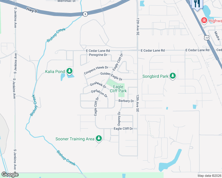 map of restaurants, bars, coffee shops, grocery stores, and more near 908 Goshawk Drive in Norman