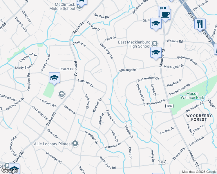 map of restaurants, bars, coffee shops, grocery stores, and more near 6245 Wheeler Drive in Charlotte