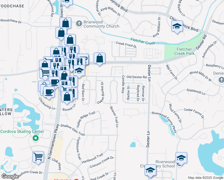 map of restaurants, bars, coffee shops, grocery stores, and more near 1656 Beaver Trail Drive in Memphis