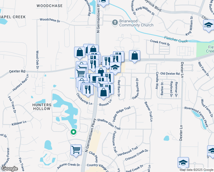 map of restaurants, bars, coffee shops, grocery stores, and more near 8125 Cordova Center Drive in Memphis