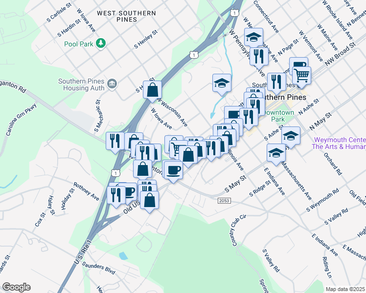 map of restaurants, bars, coffee shops, grocery stores, and more near 710 South Bennett Street in Southern Pines