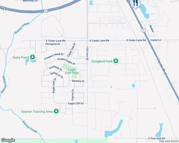 map of restaurants, bars, coffee shops, grocery stores, and more near 3924 Presidio Drive in Norman