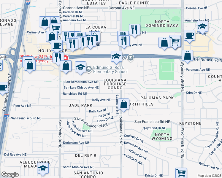 map of restaurants, bars, coffee shops, grocery stores, and more near 6815 Ranchitos Road Northeast in Albuquerque