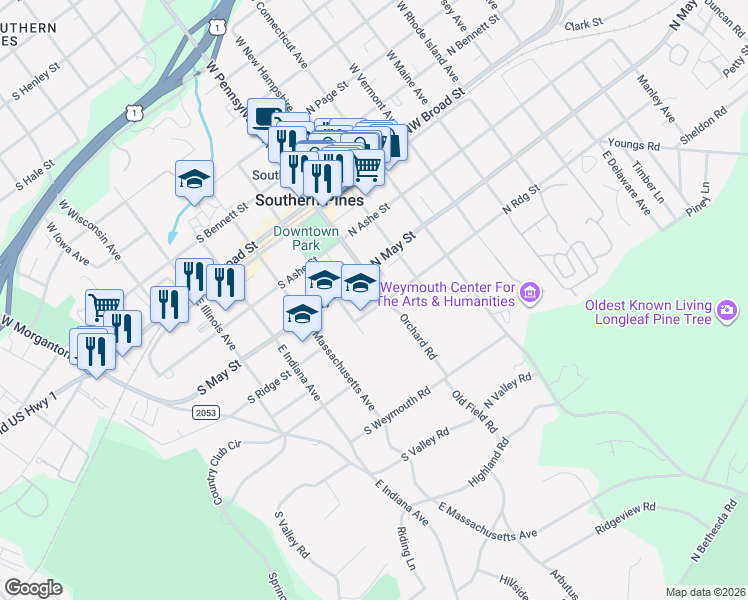 map of restaurants, bars, coffee shops, grocery stores, and more near 380 East Pennsylvania Avenue in Southern Pines