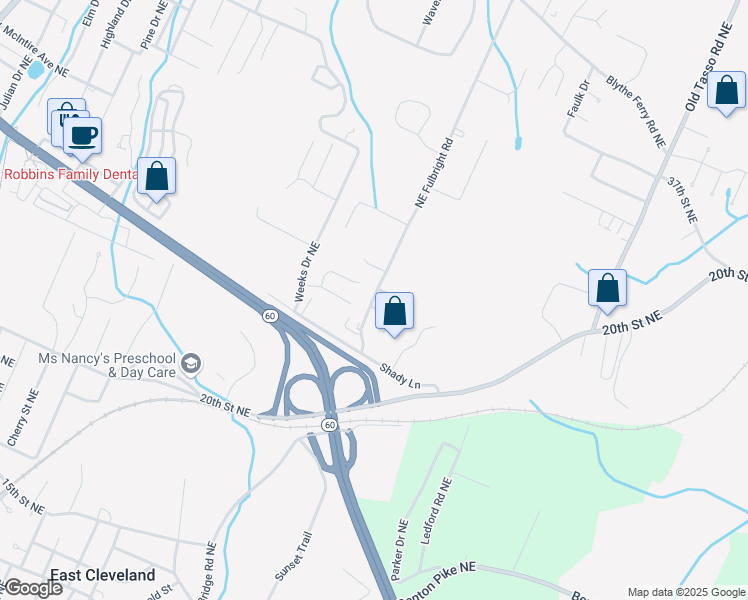 map of restaurants, bars, coffee shops, grocery stores, and more near 2942 Northeast Fulbright Road in Cleveland