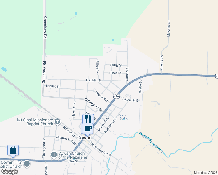 map of restaurants, bars, coffee shops, grocery stores, and more near 106 Willow St N in Cowan
