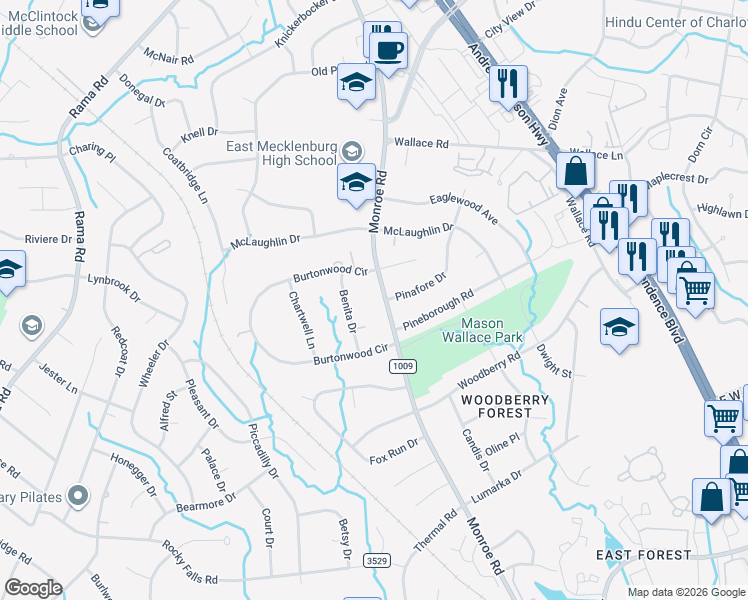 map of restaurants, bars, coffee shops, grocery stores, and more near 7114 Monroe Road in Charlotte