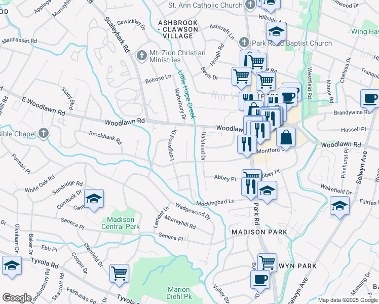 map of restaurants, bars, coffee shops, grocery stores, and more near 4527 Wentworth Pl in Charlotte