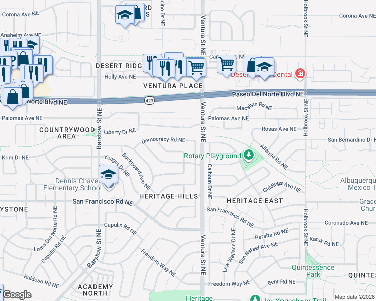 map of restaurants, bars, coffee shops, grocery stores, and more near 7812 Executive Drive Northeast in Albuquerque