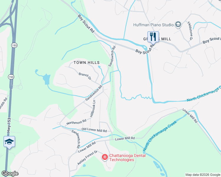 map of restaurants, bars, coffee shops, grocery stores, and more near 450 Candytuft Lane in Chattanooga