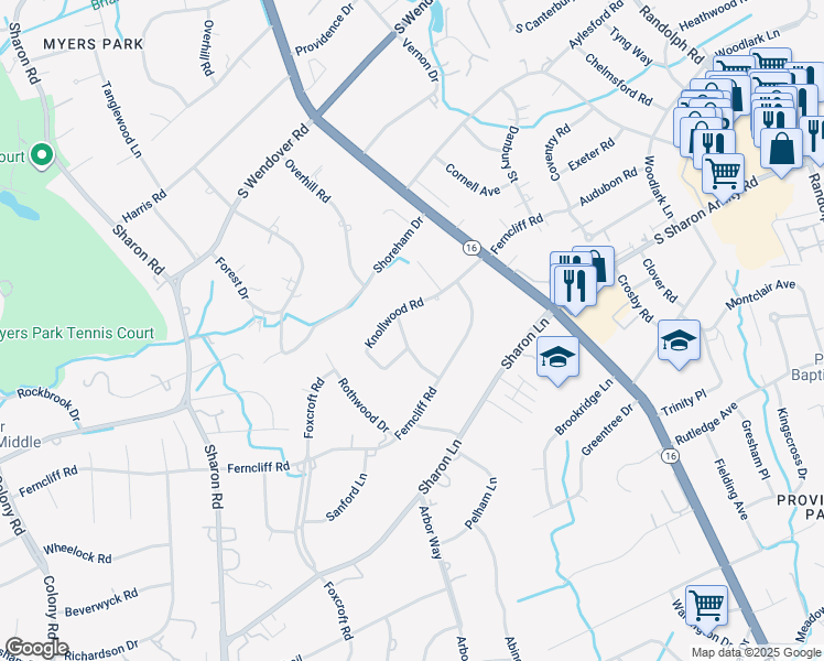 map of restaurants, bars, coffee shops, grocery stores, and more near 2719 Wintergreen Drive in Charlotte