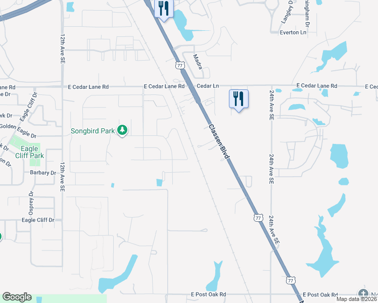 map of restaurants, bars, coffee shops, grocery stores, and more near 1502 East Cedar Lane Road in Norman