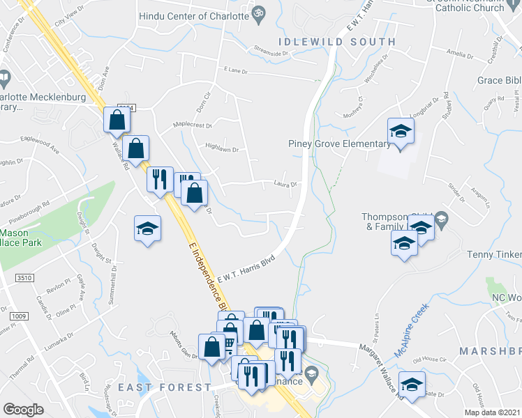 map of restaurants, bars, coffee shops, grocery stores, and more near 2315 Brook Canyon Drive in Charlotte