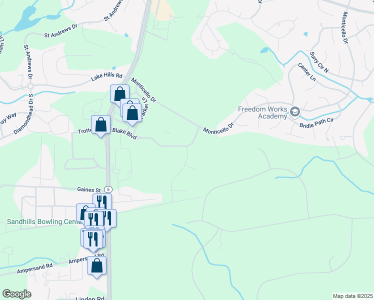 map of restaurants, bars, coffee shops, grocery stores, and more near 525 Banbury Lane in Moore County
