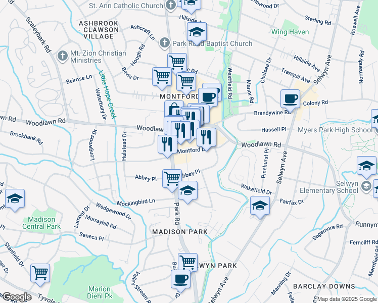 map of restaurants, bars, coffee shops, grocery stores, and more near 1600 Montford Drive in Charlotte