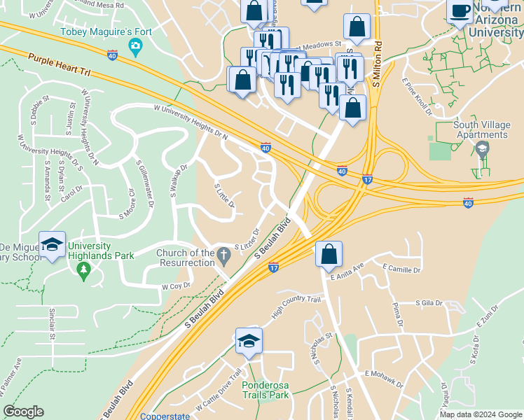 map of restaurants, bars, coffee shops, grocery stores, and more near 3254 Hunter Place in Flagstaff