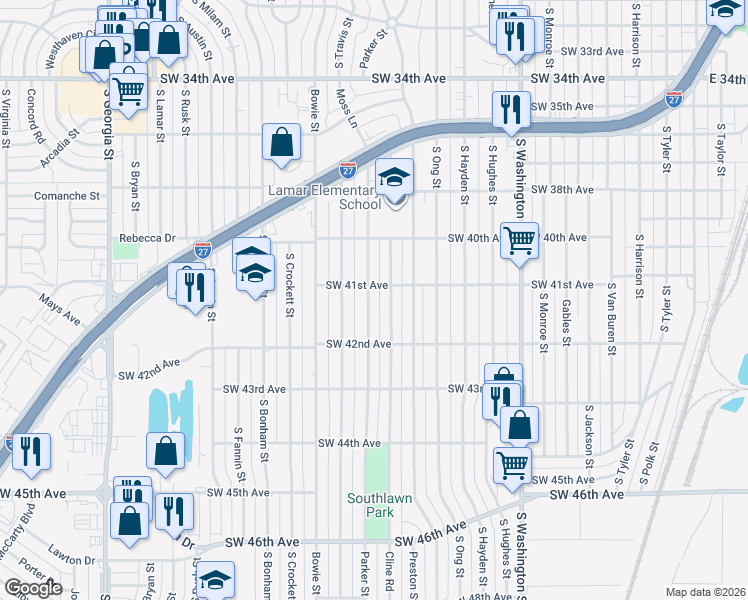 map of restaurants, bars, coffee shops, grocery stores, and more near 4107 Parker Street in Amarillo
