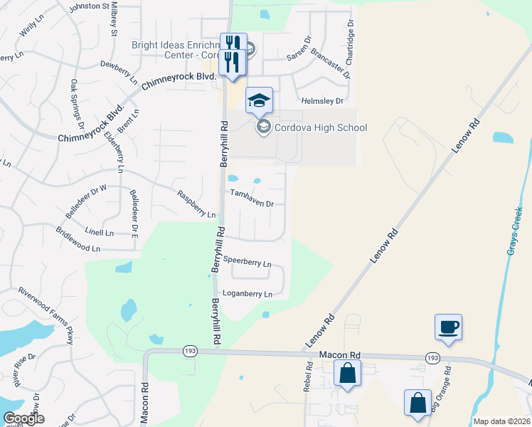 map of restaurants, bars, coffee shops, grocery stores, and more near 1661 Hailsham Cove in Shelby County