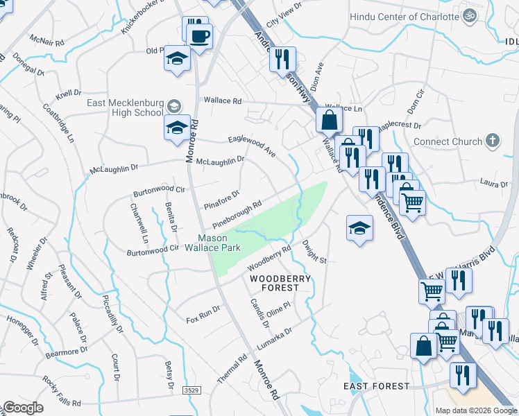 map of restaurants, bars, coffee shops, grocery stores, and more near 925 Pineborough Road in Charlotte