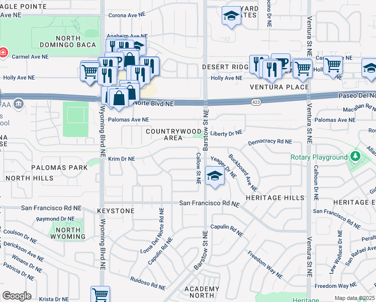 map of restaurants, bars, coffee shops, grocery stores, and more near 8318 Krim Drive Northeast in Albuquerque