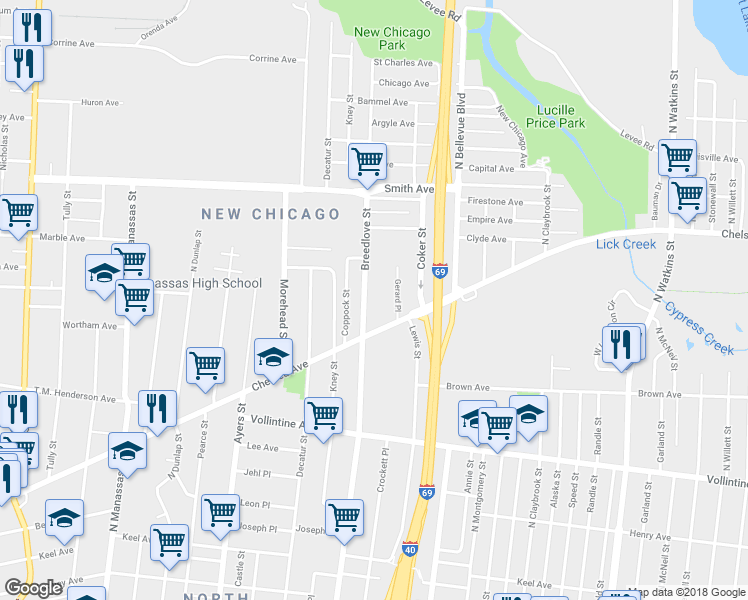 map of restaurants, bars, coffee shops, grocery stores, and more near 1128 Breedlove Street in Memphis