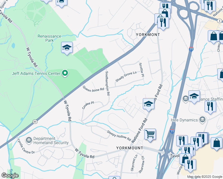 map of restaurants, bars, coffee shops, grocery stores, and more near 5315 Queen Anne Road in Charlotte