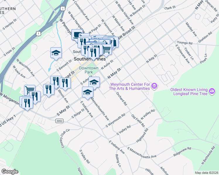 map of restaurants, bars, coffee shops, grocery stores, and more near 380 East Pennsylvania Avenue in Southern Pines
