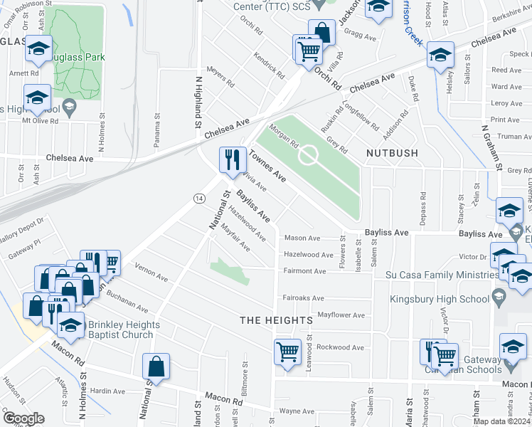 map of restaurants, bars, coffee shops, grocery stores, and more near 3604 Bayliss Avenue in Memphis