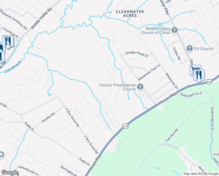 map of restaurants, bars, coffee shops, grocery stores, and more near 7023 Hixson Pike in Middle Valley