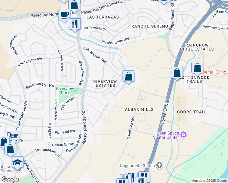 map of restaurants, bars, coffee shops, grocery stores, and more near 4312 Rancho Grande Place Northwest in Albuquerque