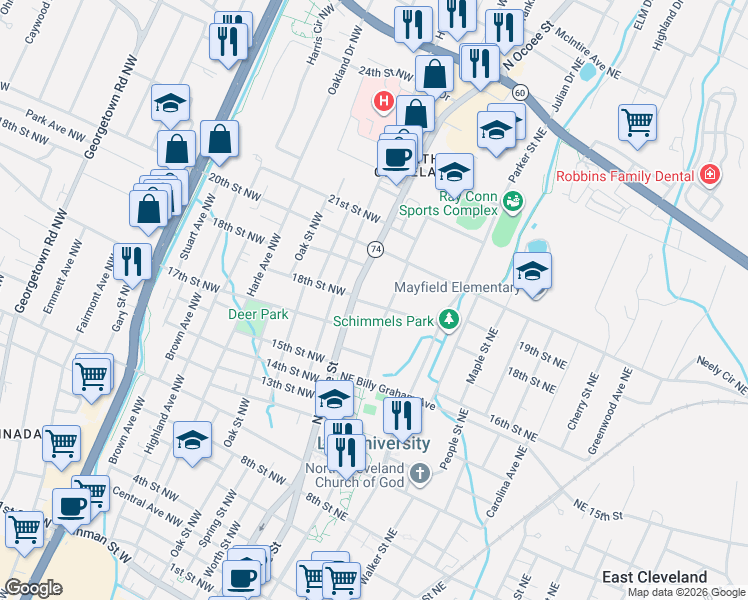 map of restaurants, bars, coffee shops, grocery stores, and more near 125 18th Street Northeast in Cleveland