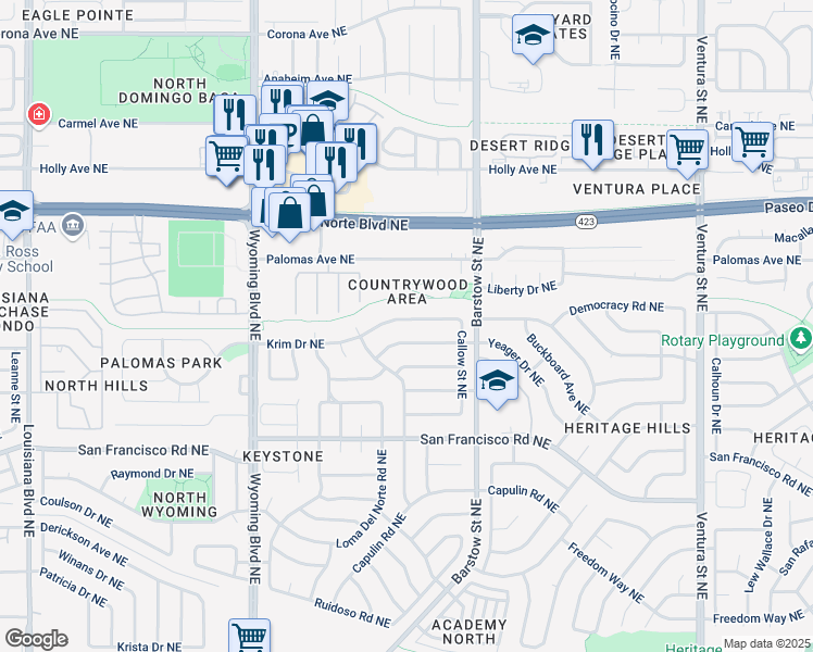 map of restaurants, bars, coffee shops, grocery stores, and more near 8230 Krim Drive Northeast in Albuquerque