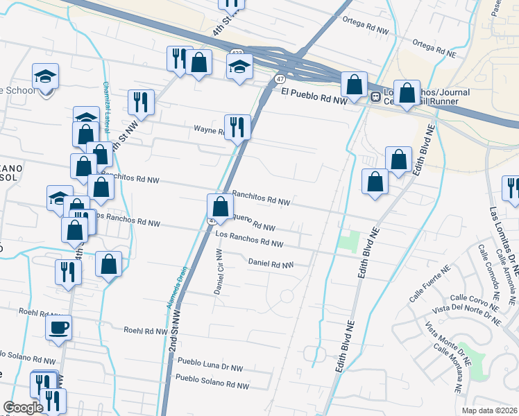 map of restaurants, bars, coffee shops, grocery stores, and more near 142 Carlos Road Northwest in Albuquerque
