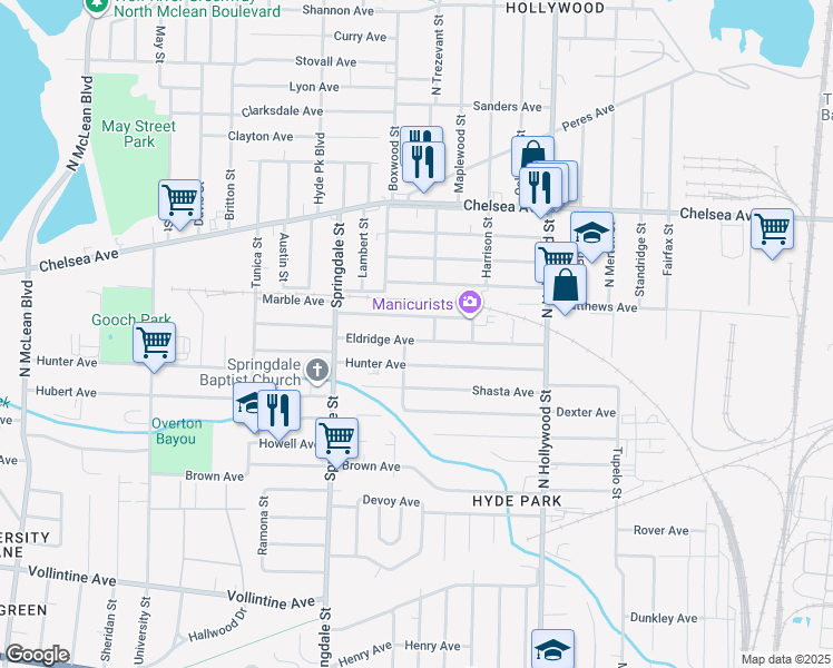 map of restaurants, bars, coffee shops, grocery stores, and more near 2302 Eldridge Avenue in Memphis